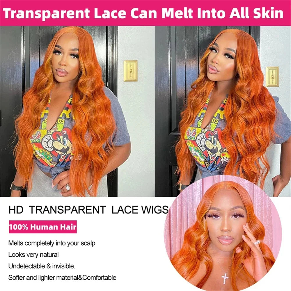 Ginger Orange Body Wave 13x6 HD Lace Front Human Hair Wigs Transparent 250% Density 13x4 Lace Frontal Human Hair Wigs For Women