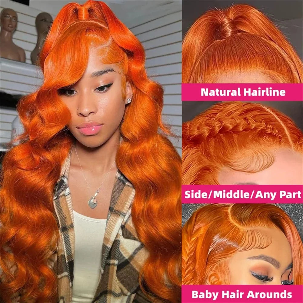 Ginger Orange Body Wave 13x6 HD Lace Front Human Hair Wigs Transparent 250% Density 13x4 Lace Frontal Human Hair Wigs For Women