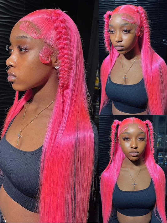 Hot Pink Transparent Lace Front Wig Human Hair 13x6 Lace Frontal Wigs For Women Long Straight Colored Human Hair Wigs