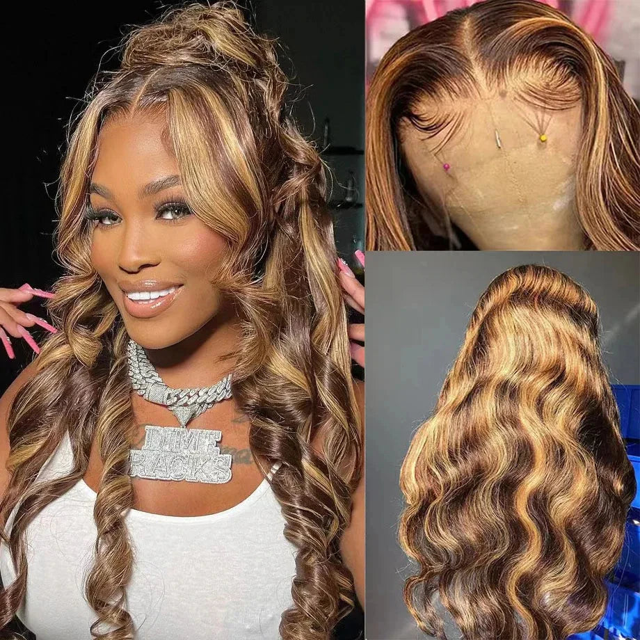 4/27 Highlight Ombre Body Wave 13x6 HD Lace Front Human Hair 13x4 Brazilian Preplucked Transparent Lace Frontal Wigs For Women