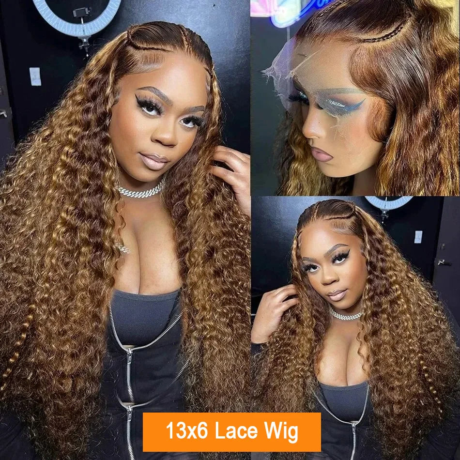 4/27 Highlight Ombre Deep Wave HD Lace Front Wig  200 Density Curly 30 nch 13x5 Brown 13x6 Lace Frontal Human Hair Wig Brazilian