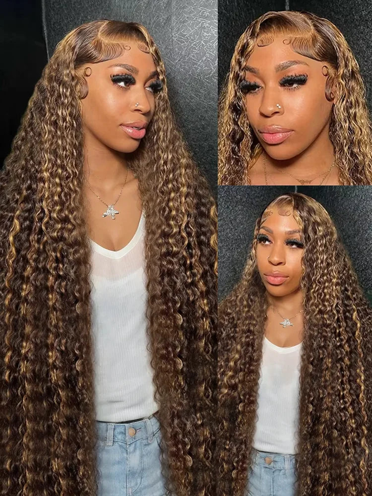 Curly 13x6 Brown 200 Density Lace Frontal Wig 13x5 427 Highlight Ombre HD Deep Wave 28 30 32 Inch 13x4 Human Hair Lace Front Wig