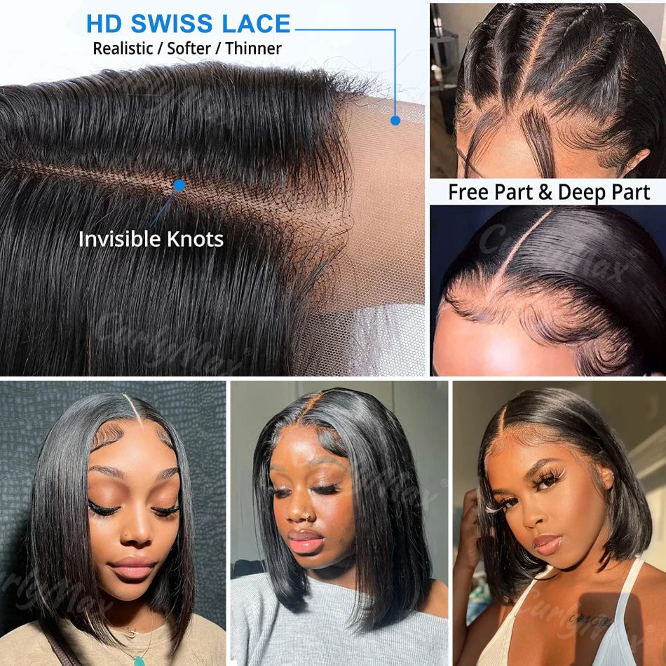 250% Brazilian Bone Straight Short Bob 13x4 Lace Frontal Human Hair 13x6 HD Transparent Lace Front 5x5 Closure Bob Wig For Women