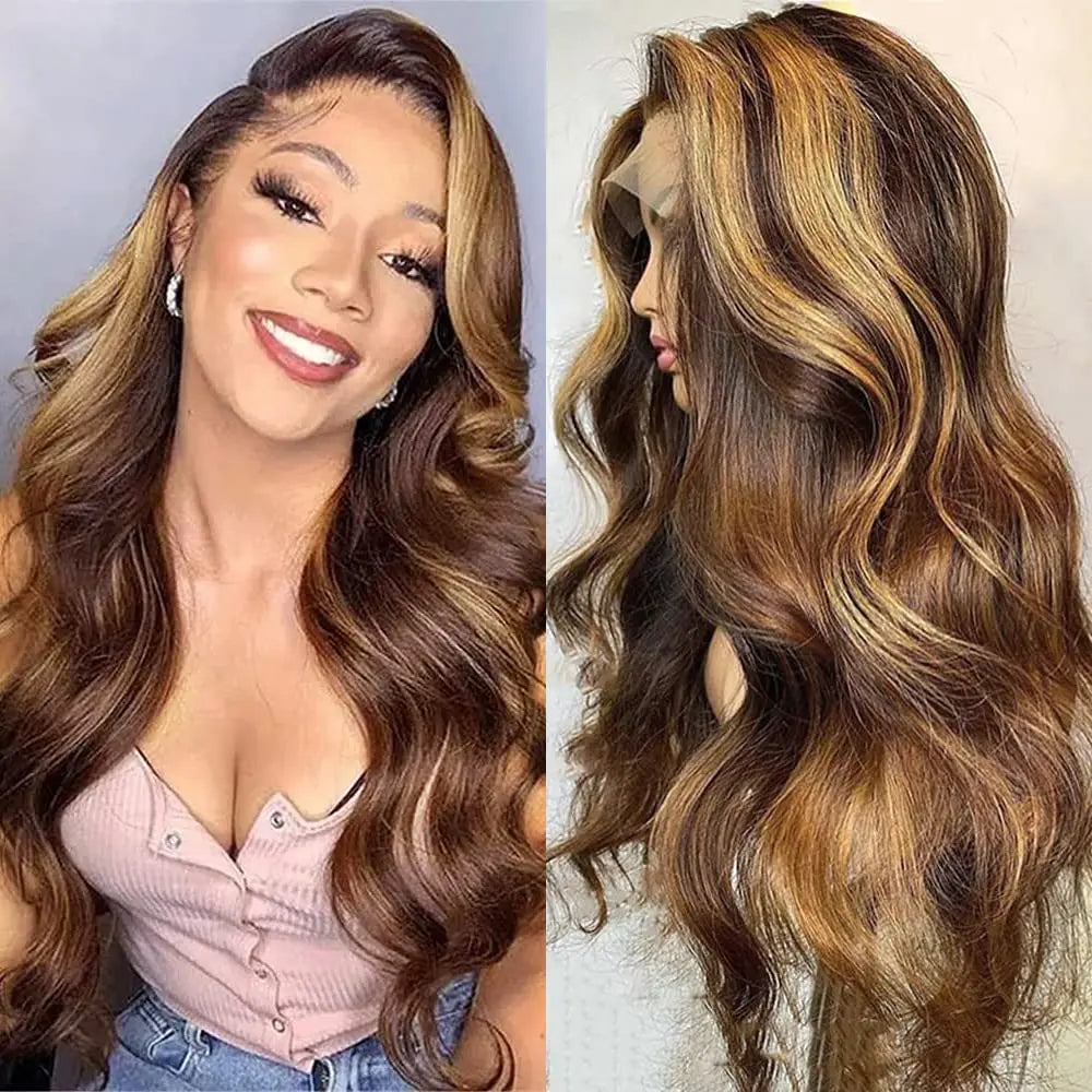 4/27 Highlight Ombre Body Wave 13x6 HD Lace Front Human Hair 13x4 Brazilian Preplucked Transparent Lace Frontal Wigs For Women